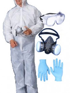 Equipment kit with gloves, mask, suit, mask and goggles